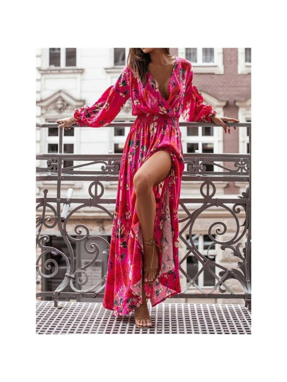 Bohemian Printed Maxi Dress with Plunging Neckline